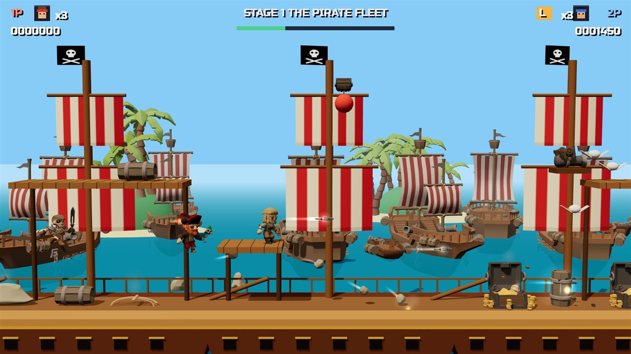 PIRATE RUN free pirate game – Stage 1, The Pirate Fleet: a pirate hero runs across wooden ships at sunset